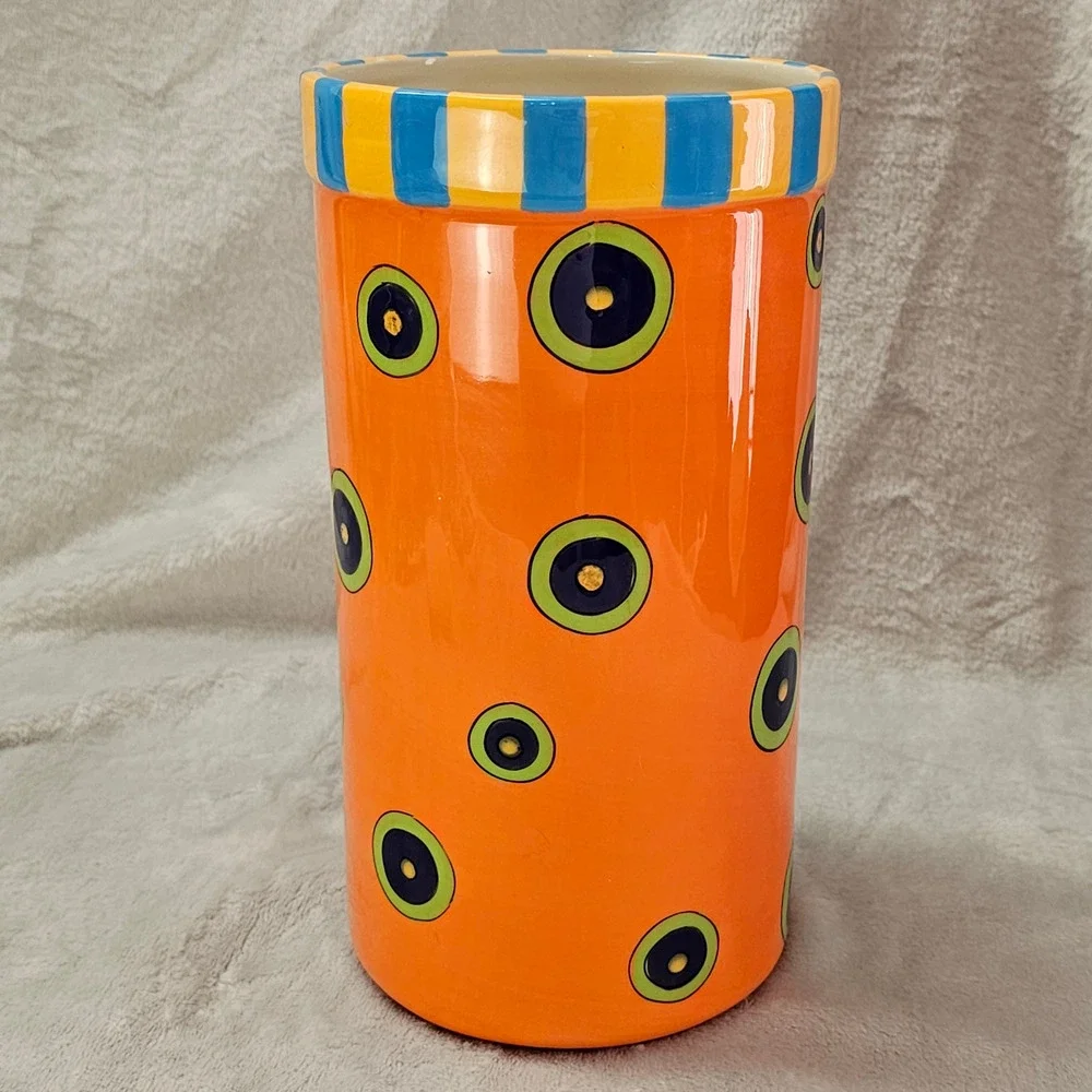 All U Can Handle Hand Painted Ceramic Vase Utensil Holder Orange Dots 10in 90s